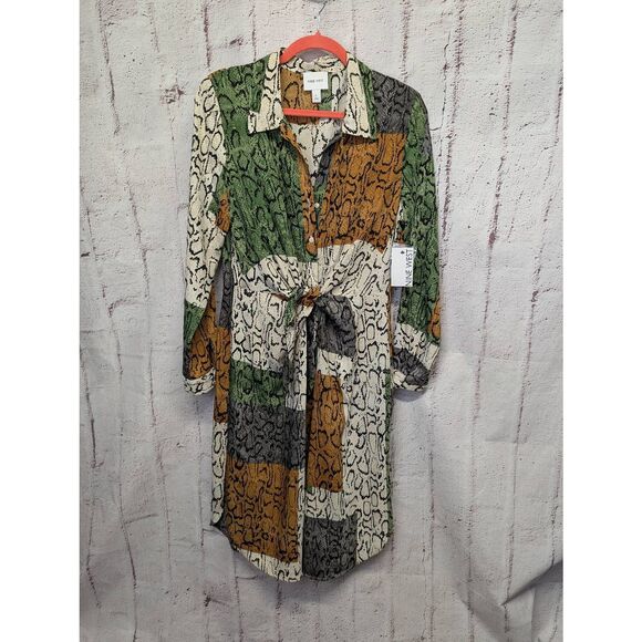 Nine West Shirt Dress Button Front‎ Tie Knot Waist Snake Print Size Large NWT - Picture 2 of 11